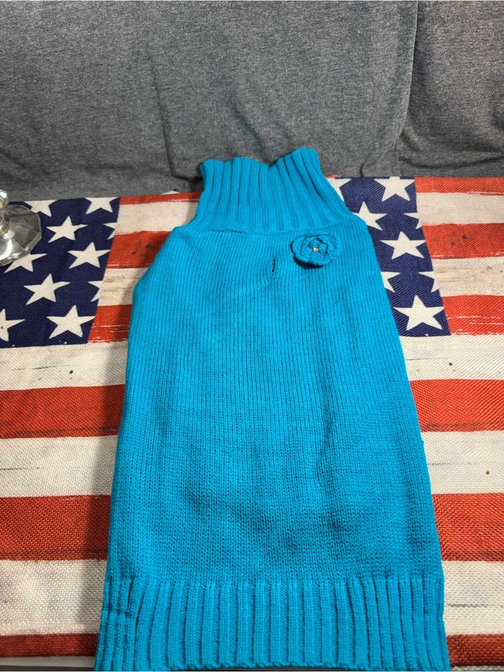 Turquoise Ribbed Turtleneck Dog Sweater with Flower Accent